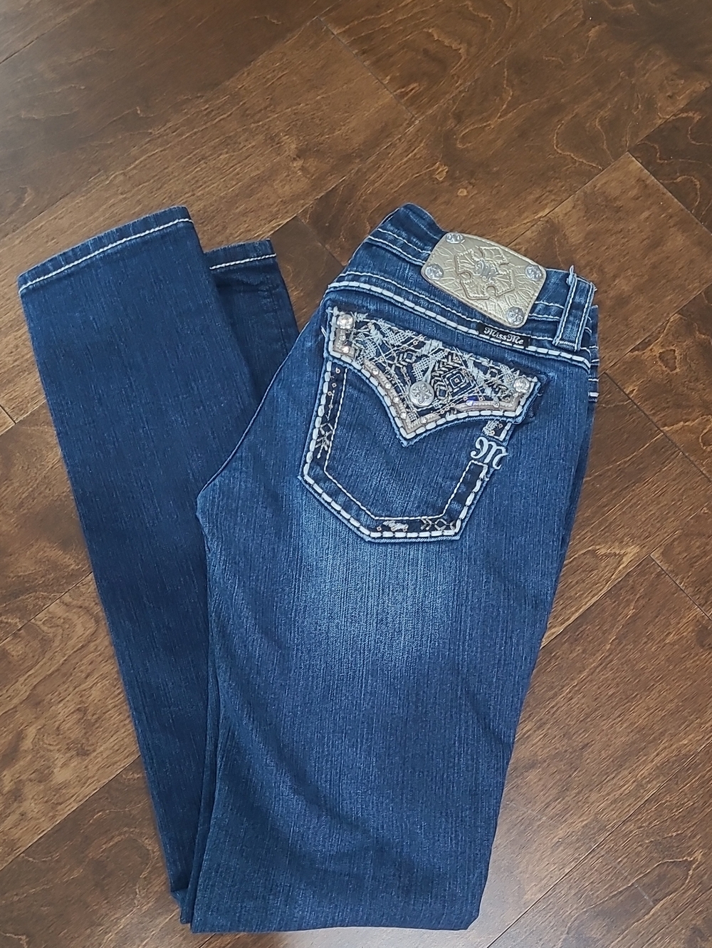 Miss Me  Jeans with White Stitching and Rhinestones Medium Dark Blue  Sz27